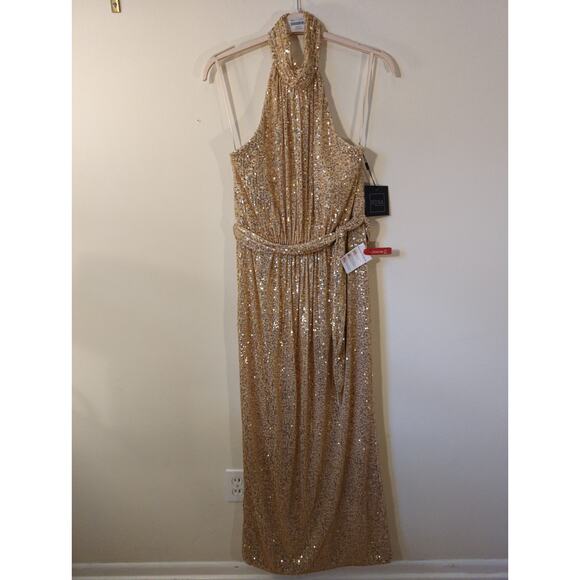 NWT Mac Duggal Sz 14 Sequined Halter Neck Belted Soft Tie Gown Champagne - Picture 3 of 7
